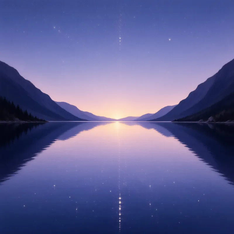 A serene alpine lake reflects the colorful twilight sky and scattered stars against a backdrop of dark mountains.
