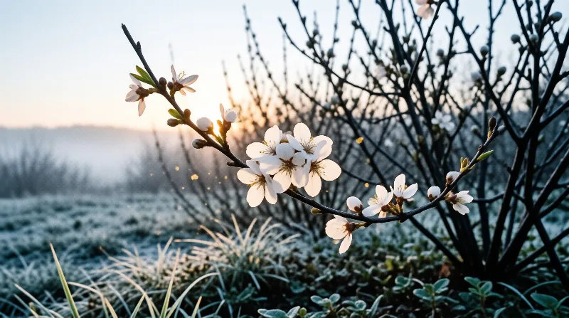 White blossoms on a branch overlook a field covered in frost during a warm sunrise.