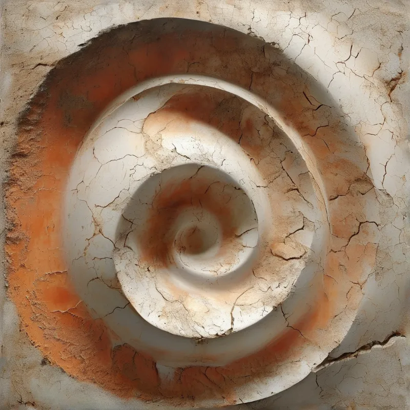 A top-down view of a spiraling earth formation featuring deep cracks and orange hues illuminated by directional sunlight.