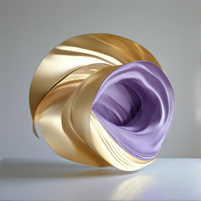 A wide ribbon of glossy fabric colour curls inward, half champagne gold and half soft violet.