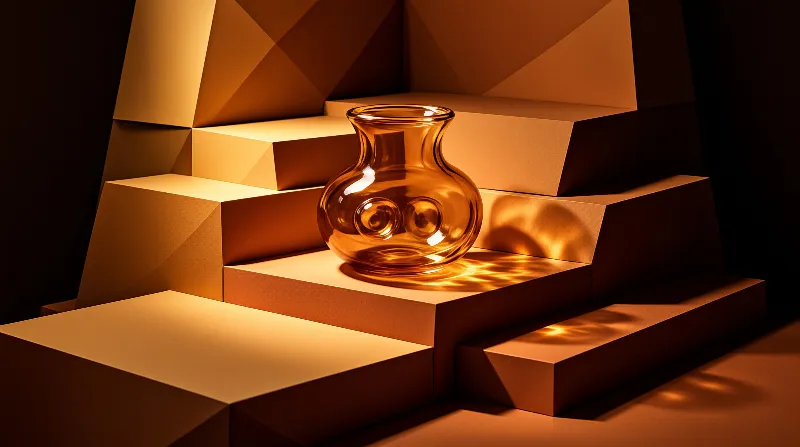 A rounded translucent vessel throws rippling caustics across matte geometric blocks in a warm monochrome still life