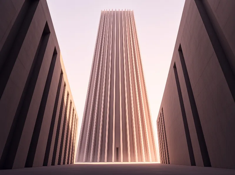 Three minimalist buildings stand tall with vertical ridges against a pale gradient sky.