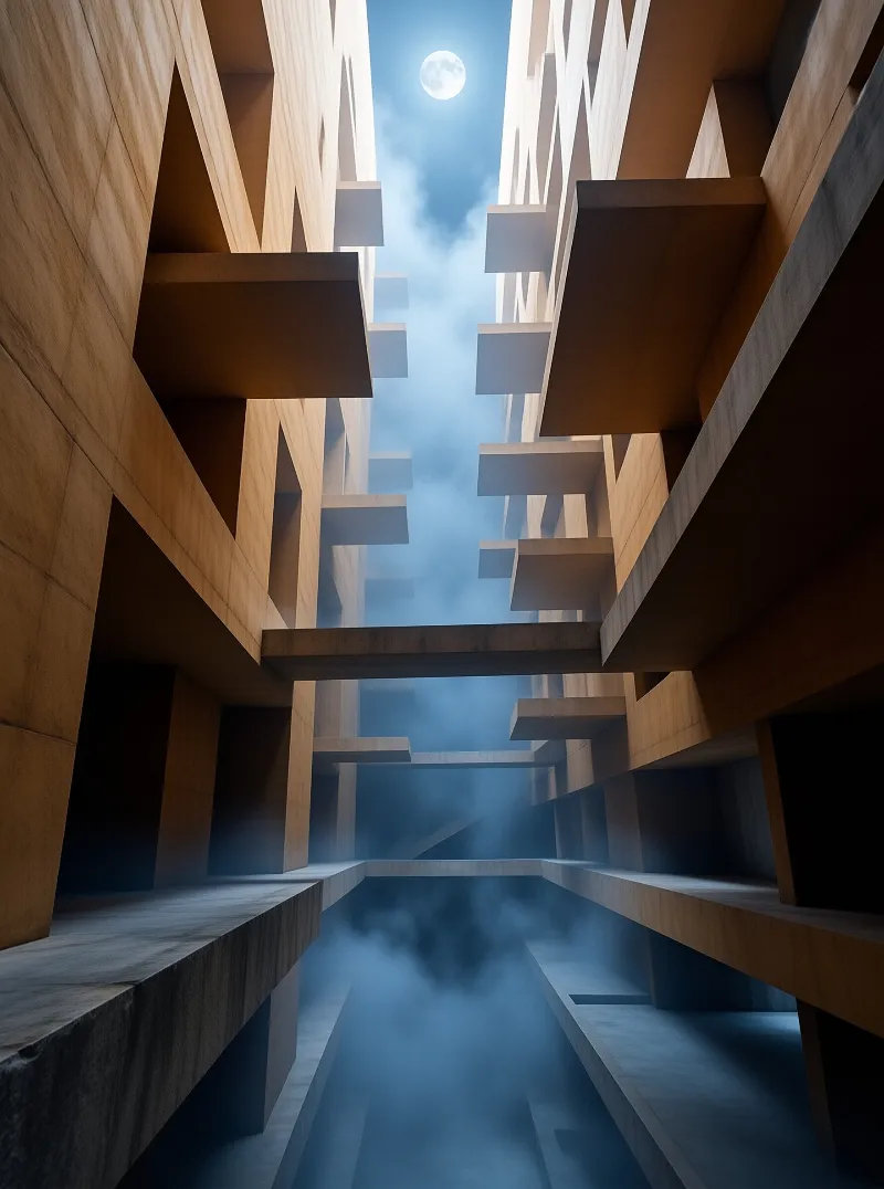 Tall geometric wooden structures rise around a misty passageway beneath a bright moon in a clear blue sky