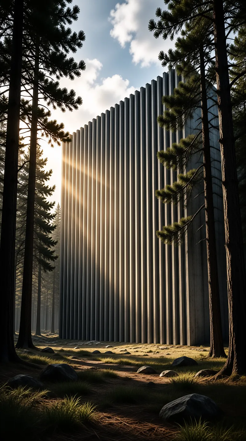 Vertical ribs of a tall grey tower catch low sun through the trunks of surrounding pines.