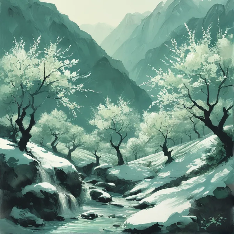 A small stream flows through a snow-covered valley with bare trees and distant teal mountains under a pale sky.