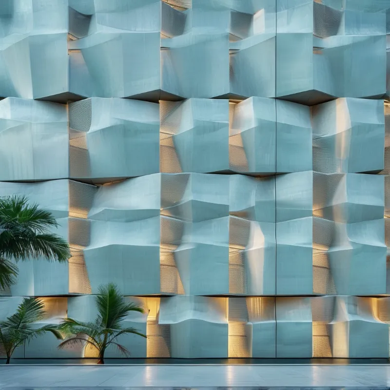 Modern exterior wall featuring a grid of pale blue folds illuminated by internal yellow light.
