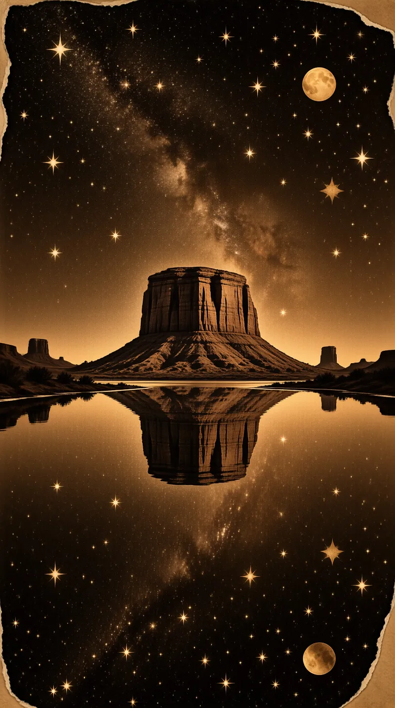 A desert mesa rises under a luminous star cluster, framed by aged paper edges in warm sepia tones.