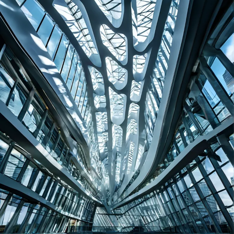 Low angle view of a modern building atrium with white organic beams and blue glass walls letting in bright sunlight.