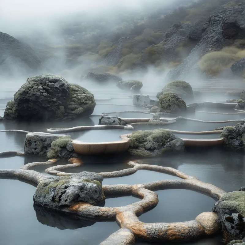 Interconnected mineral pools drift beneath heavy low hanging steam while large mossy rocks emerge from the calm water.