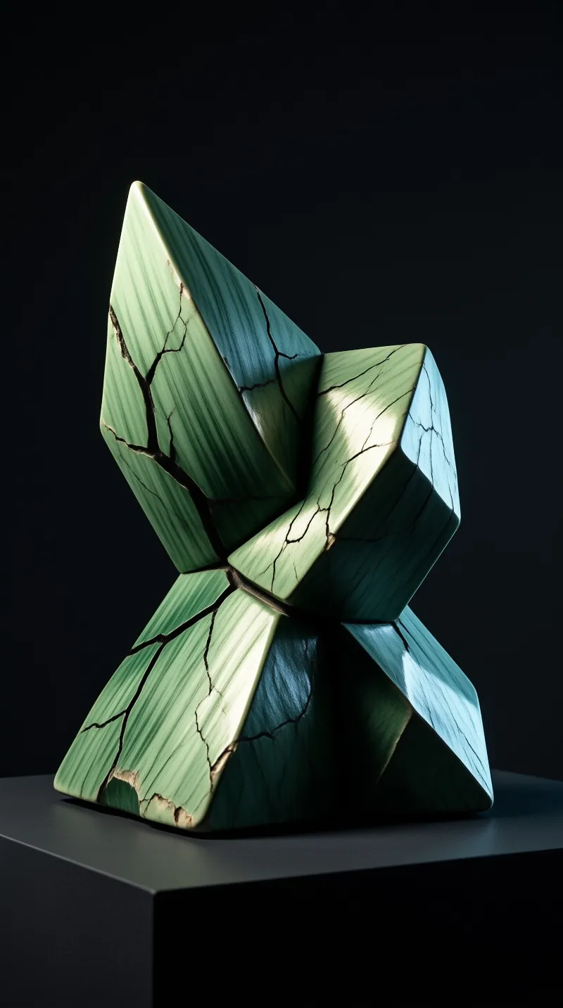 Angular green cracked polyhedral sculpture rests on a dark pedestal under directional studio light against a black backdrop.