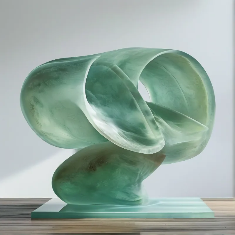 A twisted mint green glass sculpture rests on a square base atop a light wooden table with soft lighting.