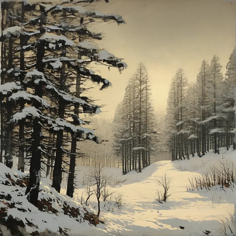 Tall evergreen trees laden with snow frame a winding path glowing under warm golden winter light.