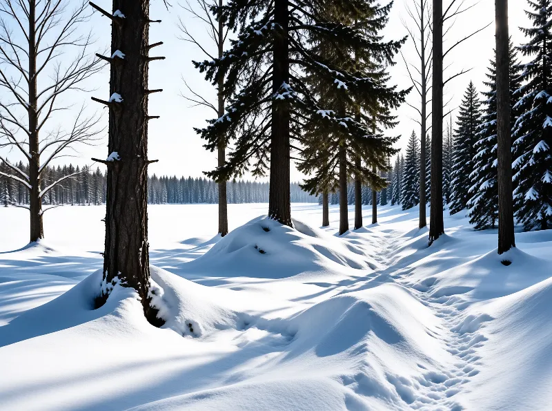 Tall evergreen trees stand in a snowy forest where footprints trail through the white landscape under bright sunlight.