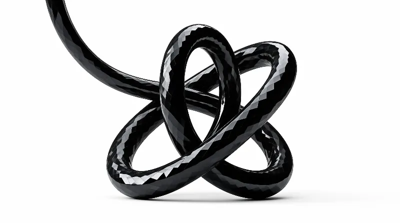 A glossy black ribbon with diamond-cut facets loops into a tangled knot, casting a soft shadow on a bright white backdrop.