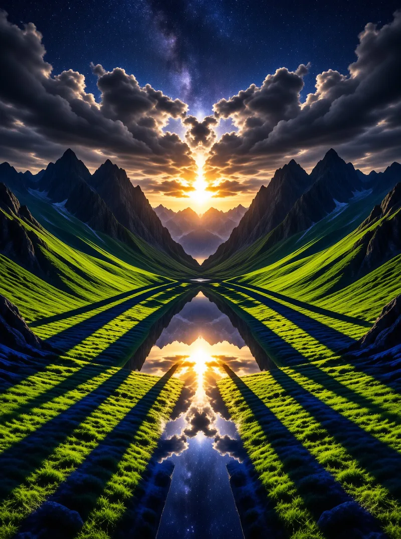 Mirrored Alpine Valley Landscape