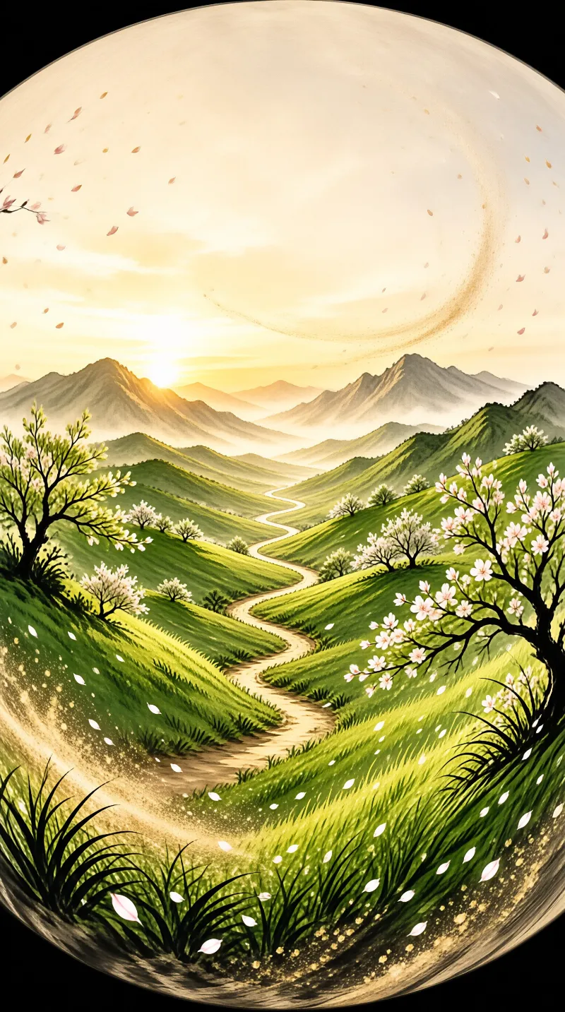 A winding dirt path curves through lush green hills lined with white flowering trees while pink petals float in golden sunrise light over distant mountain peaks.