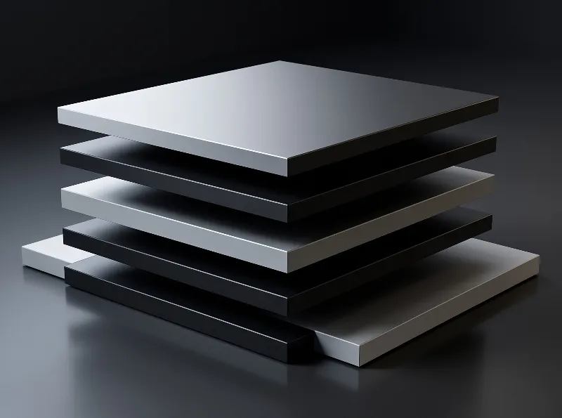Six alternating black and silver rectangular plates float in a vertical stack above a dark surface.