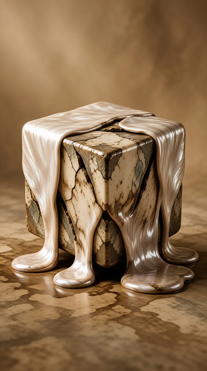 A fractured beige block rests on a mottled surface as a reflective silver substance flows over its edges and pools below.