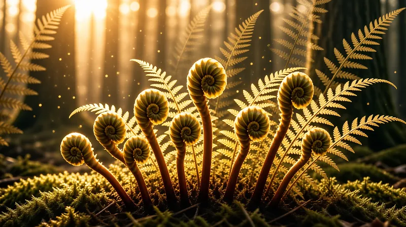 Coiled fern fronds rise from mossy ground illuminated by warm golden sunlight filtering through the trees.
