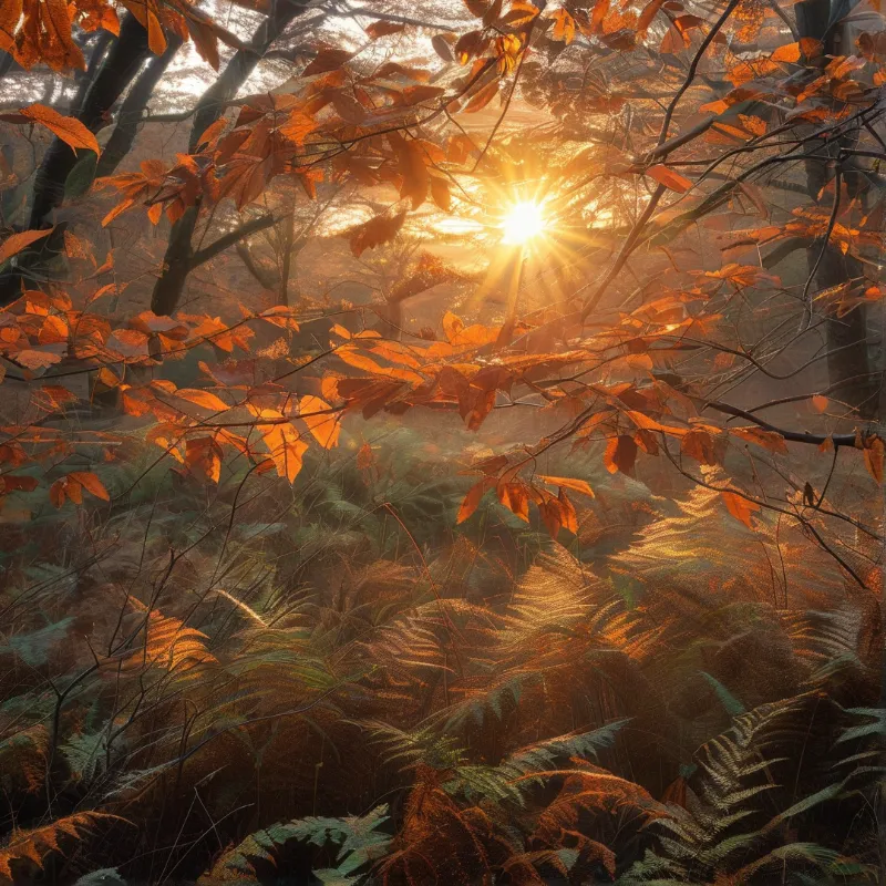 Bright sun rays shine through orange foliage and ferns inside a foggy woodland area during the autumn season.