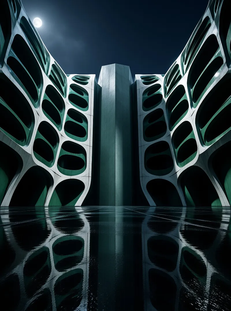 White organic architecture curves around a central pillar, reflecting sharply onto the wet ground under a moonlit sky.