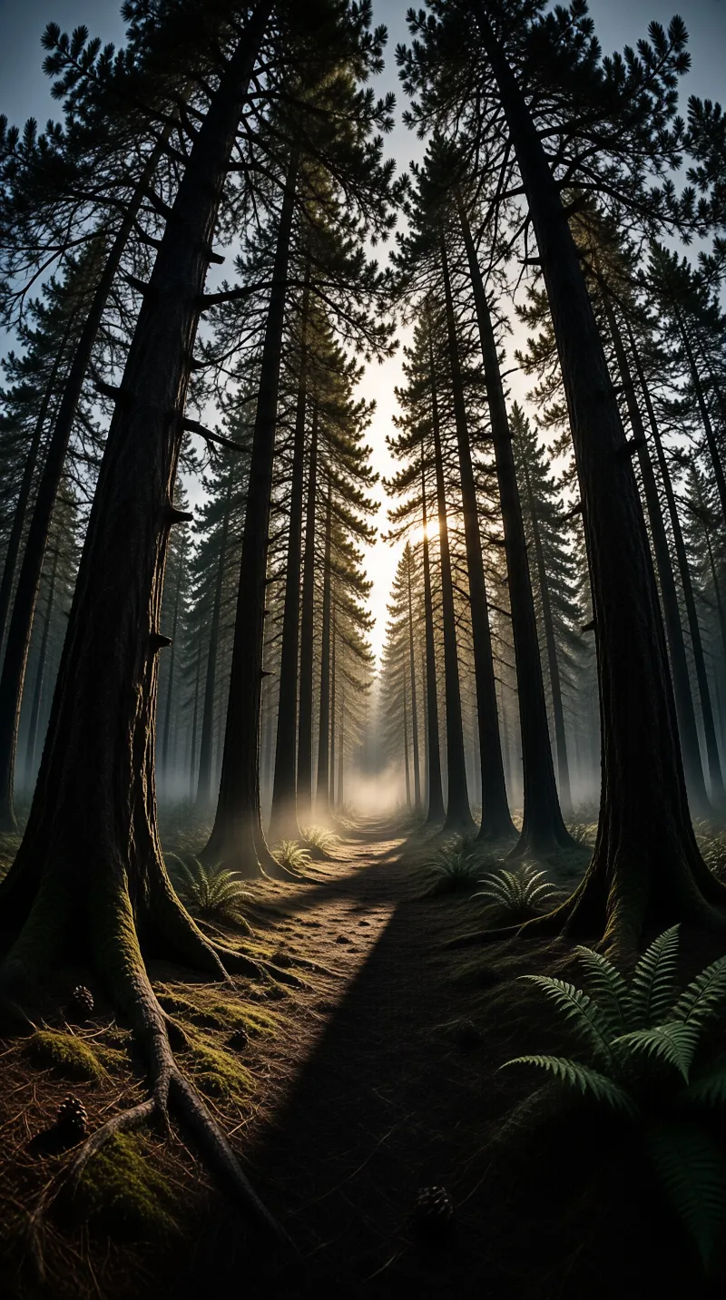Sunlight filters through a dense corridor of towering pine trees creating a misty atmosphere along a dirt path.