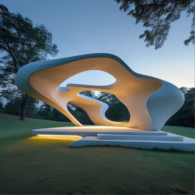 A softly glowing organic white open structure sits on a gentle sloping lawn at dusk surrounded by mature trees with warm interior lighting.