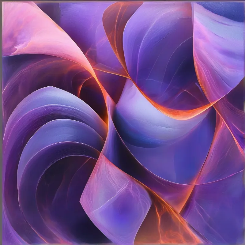 Flowing translucent shapes spiral together with soft purple tones and bright orange highlights.