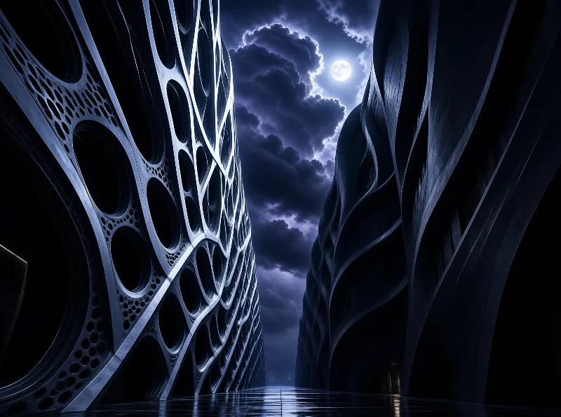 Massive futuristic structures flank a reflective surface beneath a dark sky illuminated by a full moon.