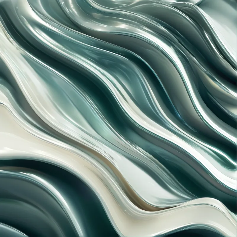 Shiny teal and cream fluid shapes undulate across the surface displaying smooth gradients and reflective highlights