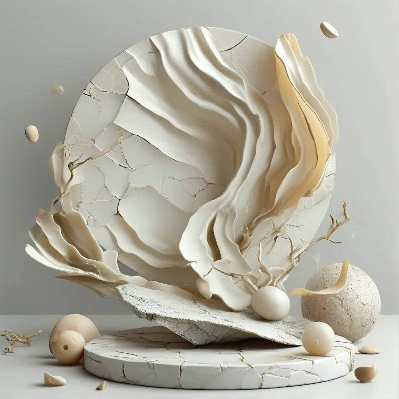 A cracked white ceramic sculpture has flowing wavy ribbons and small smooth spheres on a circular base against grey backdrop.