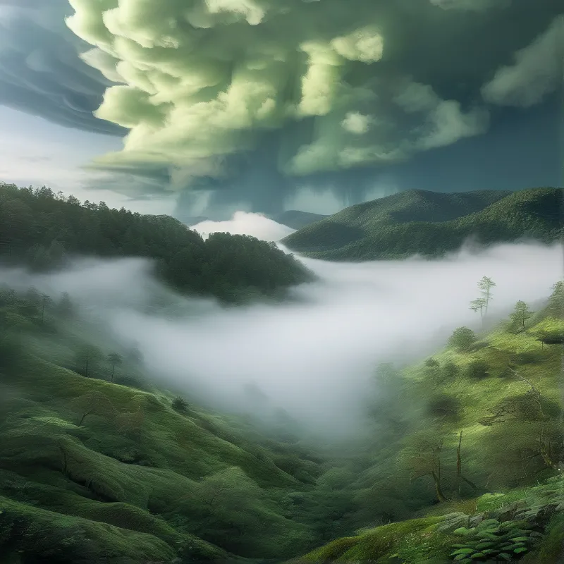 Thick fog spills through a lush green mountain valley beneath a dramatic clouded sky.