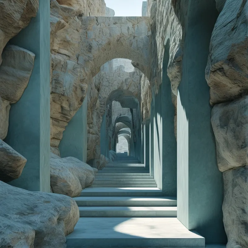 Rough stone arches form a tunnel leading up a flight of steps illuminated by bright sunlight.