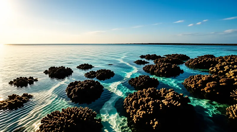 Dark coral mounds rise from clear turquoise water beside a winding sandy channel under a golden sunrise sky.