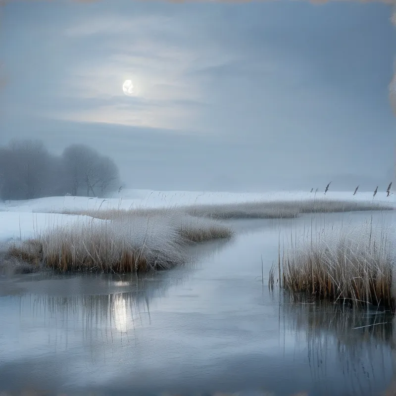 Frost covered reeds rise from a frozen blue river under a pale sun reflecting on the icy water surface.