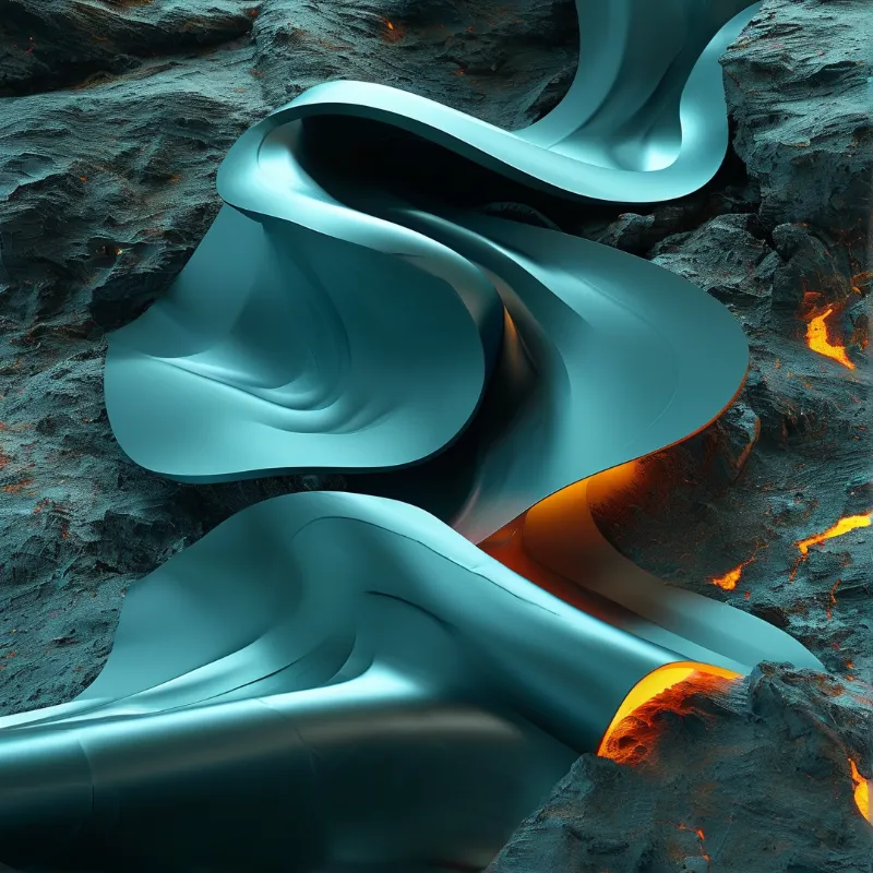 A smooth blue metallic structure winds through dark rocky terrain illuminated by bright orange lava cracks.
