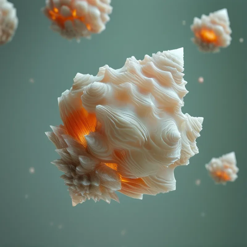 A textured white coral-like object radiates orange light while suspended in a soft green atmosphere.