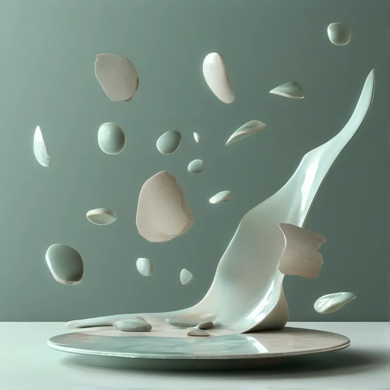 A shattered white ceramic plate with fragments floating in mid-air against a soft green studio background.