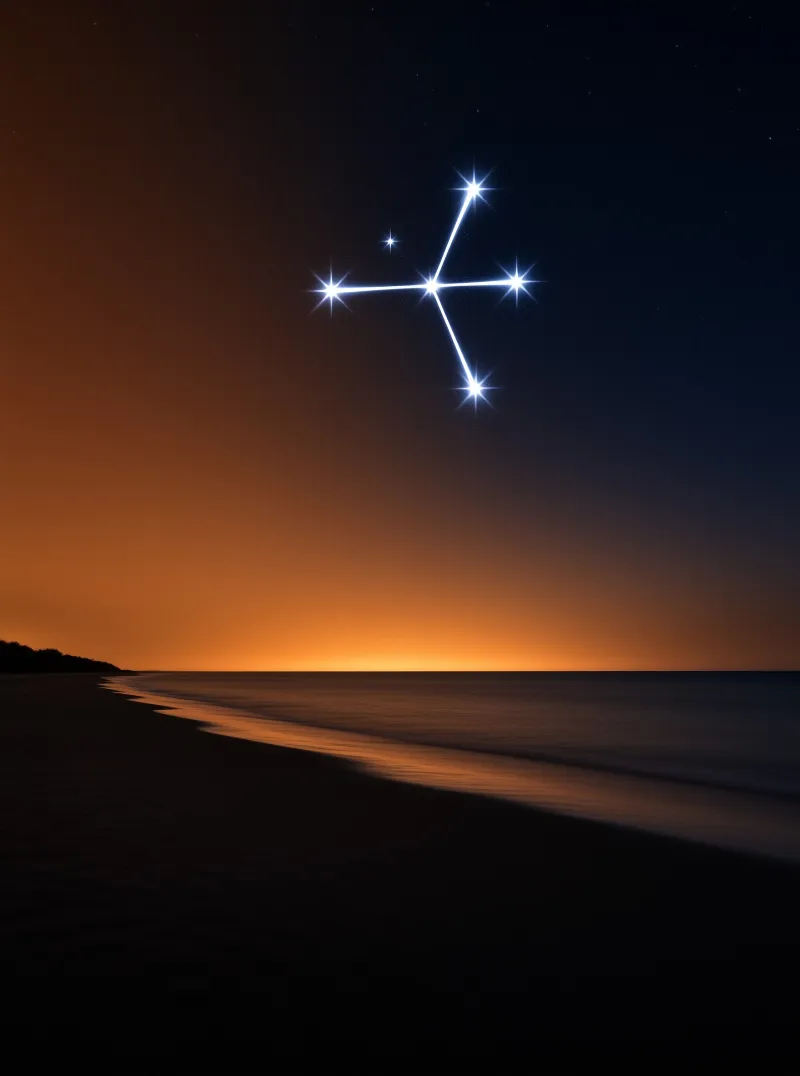 A star pattern connected by white lines sits in the night sky above an orange horizon and dark beach.