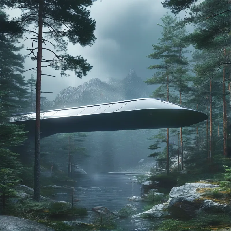 A sleek metallic saucer hovers above a tranquil lake surrounded by towering pine trees under a foggy sky