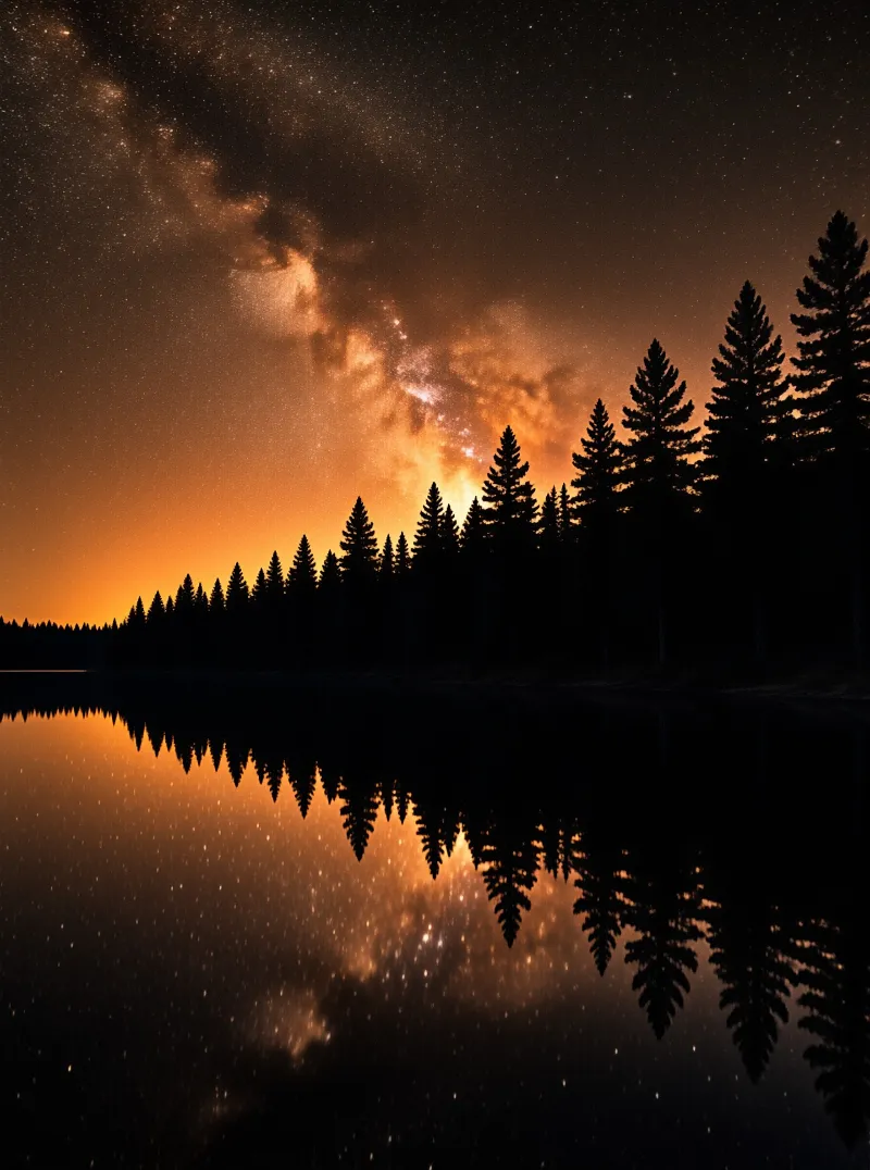 A starry night sky with the Milky Way arching over a silhouetted pine forest, reflection mirrored in the still lake below.