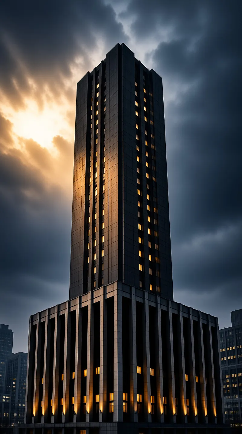 A tall dark building stands against a cloudy sky while the setting sun casts a warm orange glow on its windows.