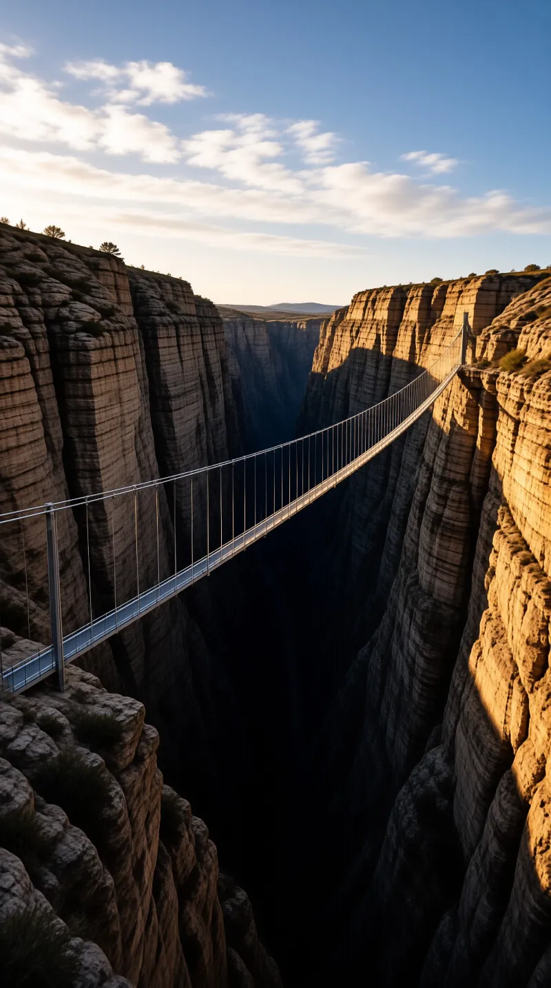 A slender cable bridge stretches between towering sandstone cliffs above a shadowed gorge at sunrise.