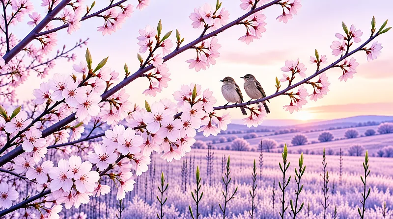 Two small sparrows rest on a pink cherry blossom branch over a soft lavender orchard under a pastel sunset sky.