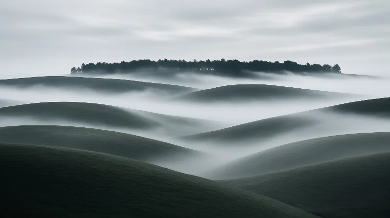 Verdant undulations rise above a bed of white vapor while a dark tree line sits on the distant horizon.
