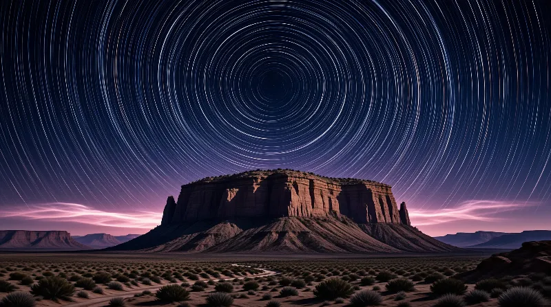 Flat topped sandstone mesa rises in an arid desert plain, with concentric star trails arcing above a purple sky fading to pink at the horizon.