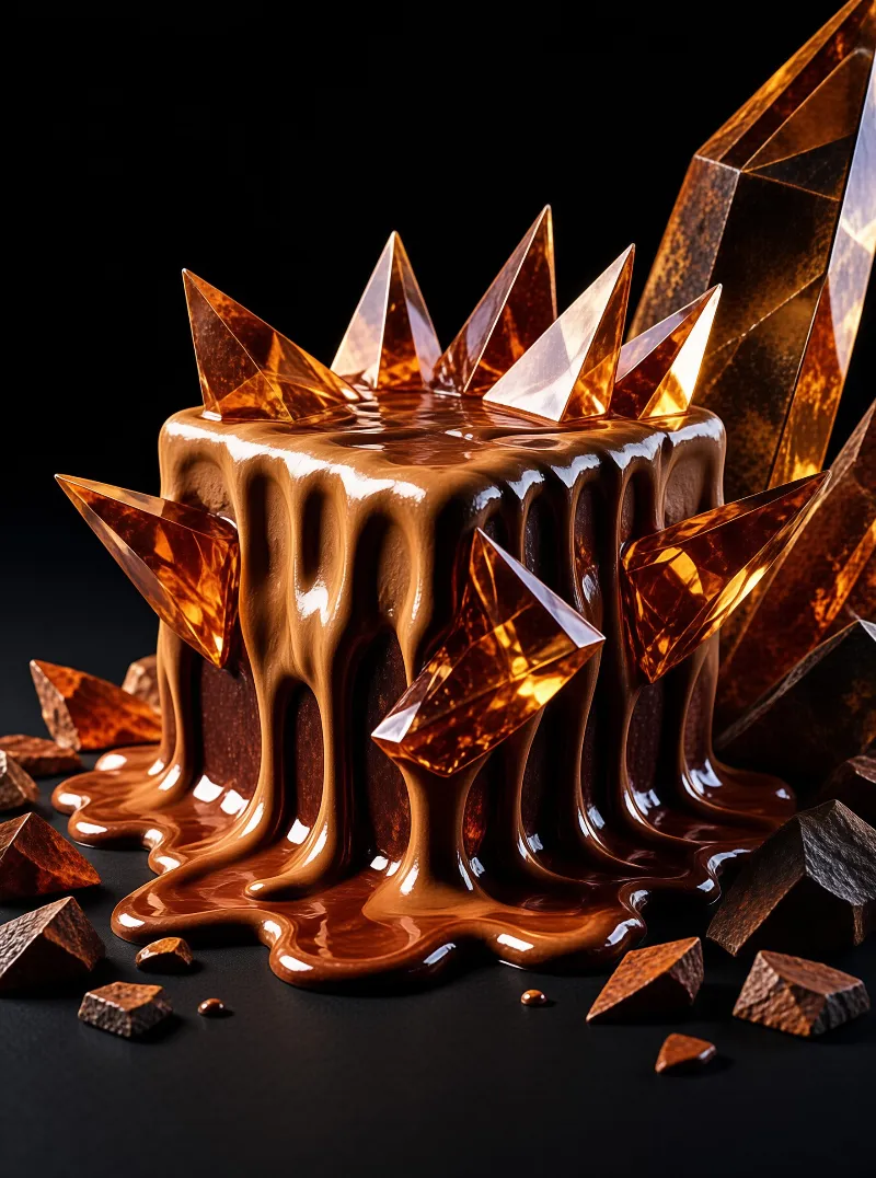 A glossy chocolate dessert with dripping caramel glaze and sharp translucent amber crystals set on a dark reflective surface