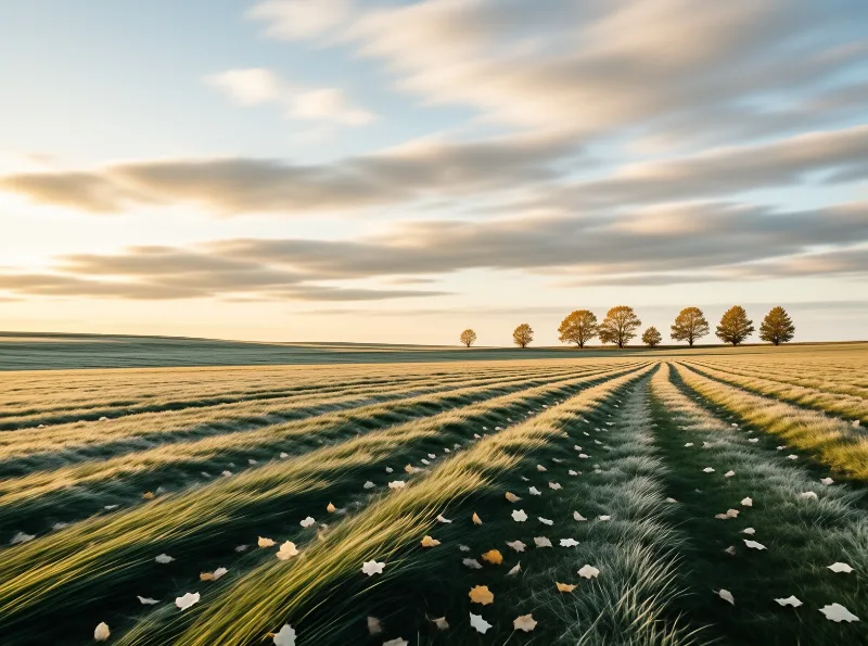 Vast rows of golden grass lead toward a line of autumn trees beneath a streaked cloudy sky.