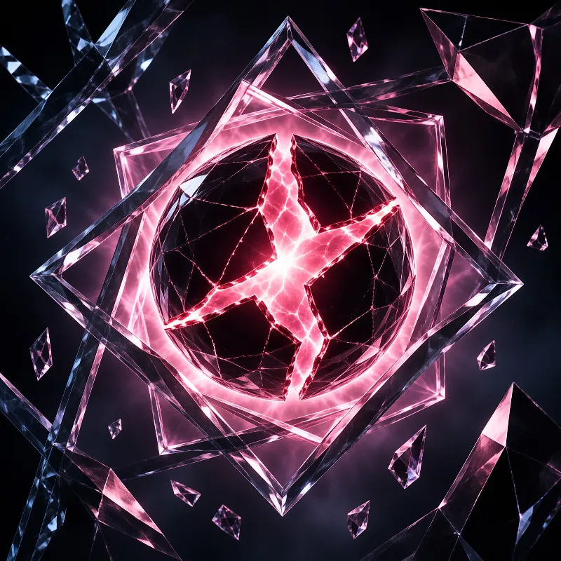 A dark crystal ball splits along a glowing magenta seam while geometric frames and shards float against a black void.