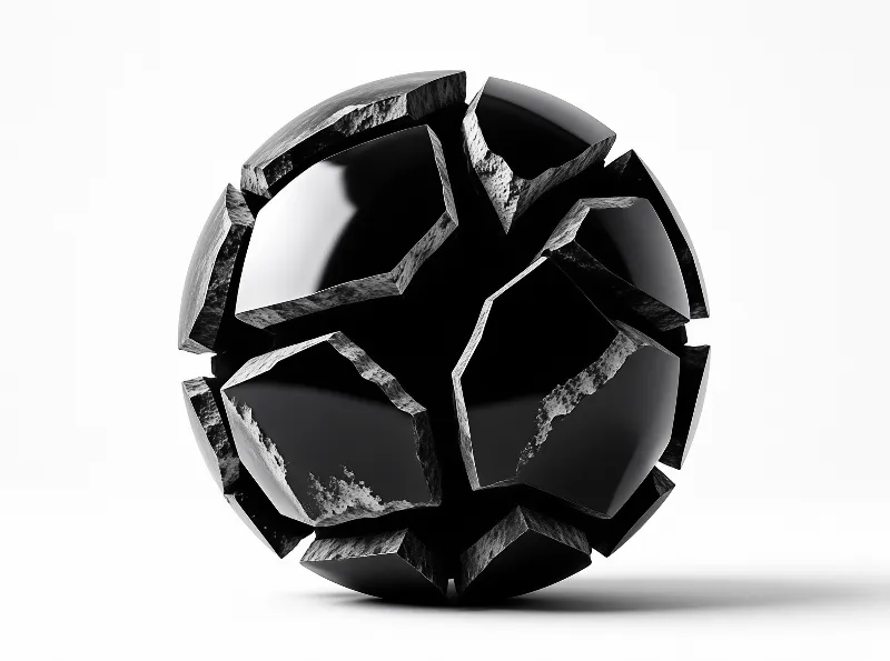 A glossy black sphere that has broken apart to reveal rough grey inner surfaces against plain white space.